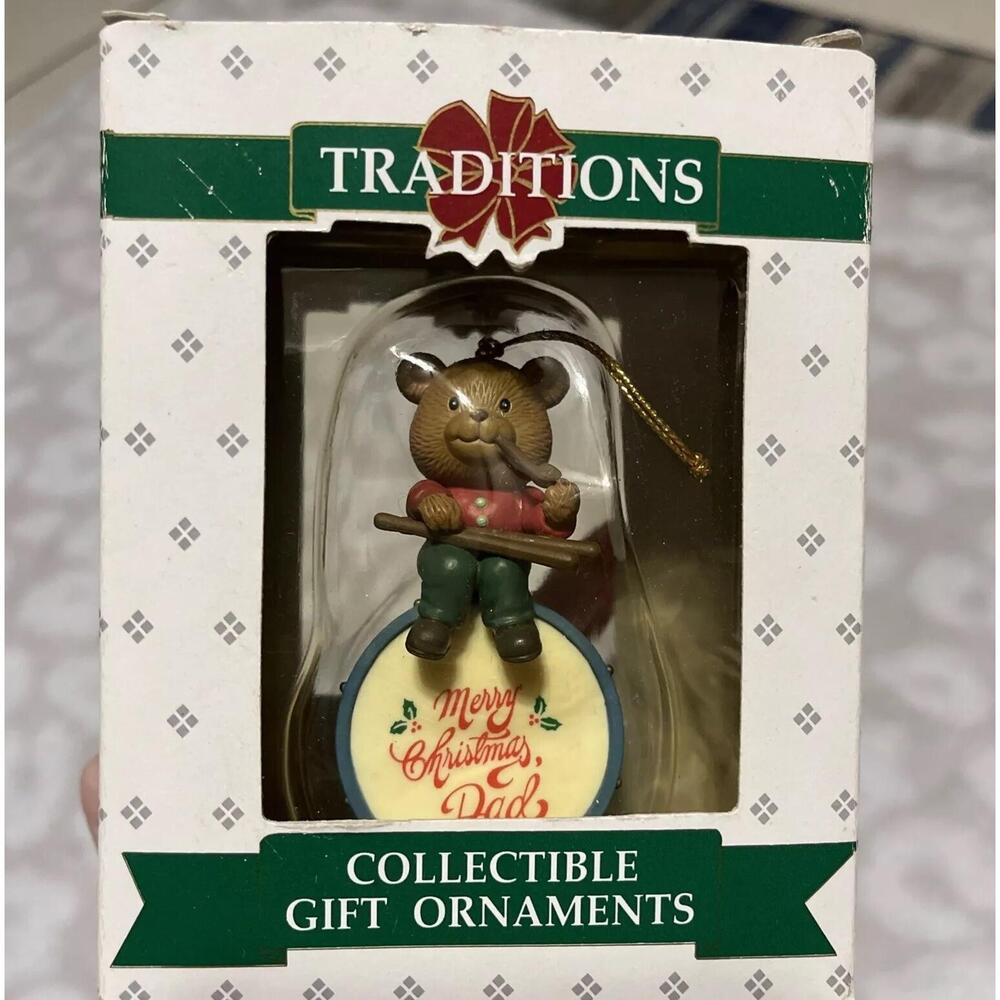 Traditions Christmas Ornament Bear Dad Pipe 1992 Lustre Fame Vtg
